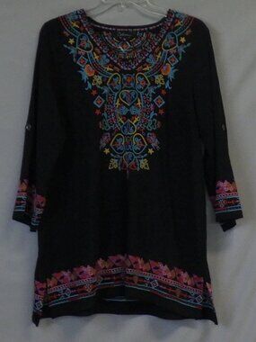 Black Embroidered Tunic Top with Multicolor Folk Motif